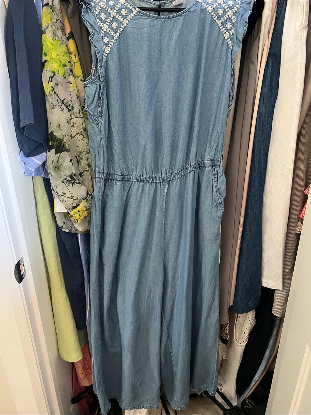 Light Blue Denim romper with Embroidered Shoulders